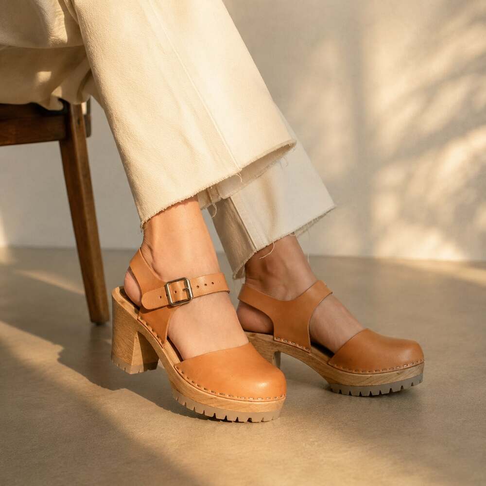 MIA 1976 Swedish Leather Wood Clogs Scandinavian Platform Tan EU37 US 6.5-7